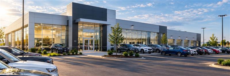Automotive dealership exterior with vehicles in the lot
