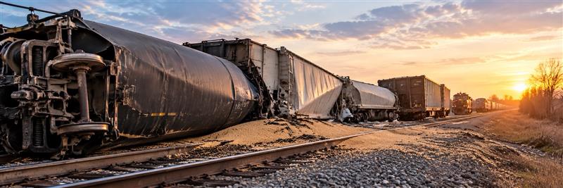 Derailed freight and tank cars lying beside the rail line at sunset