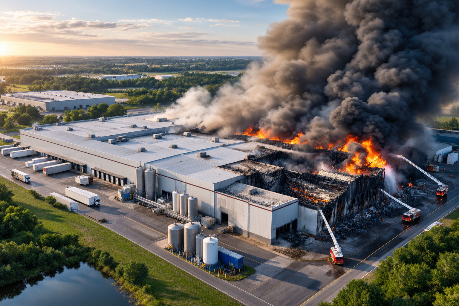 Aerial view of a manufacturing plant on fire, with fire crews working the blaze