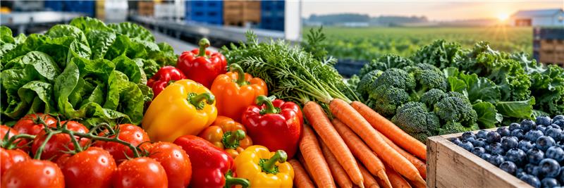 Fresh produce, including peppers, tomatoes, carrots, broccoli and leafy greens, in front of a farm field