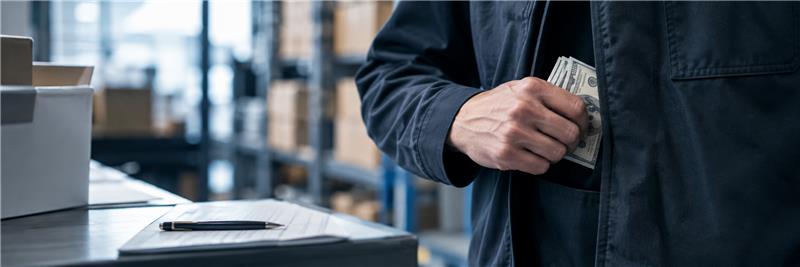A worker in a warehouse slipping a folded stack of cash into his jacket beside a clipboard of paperwork